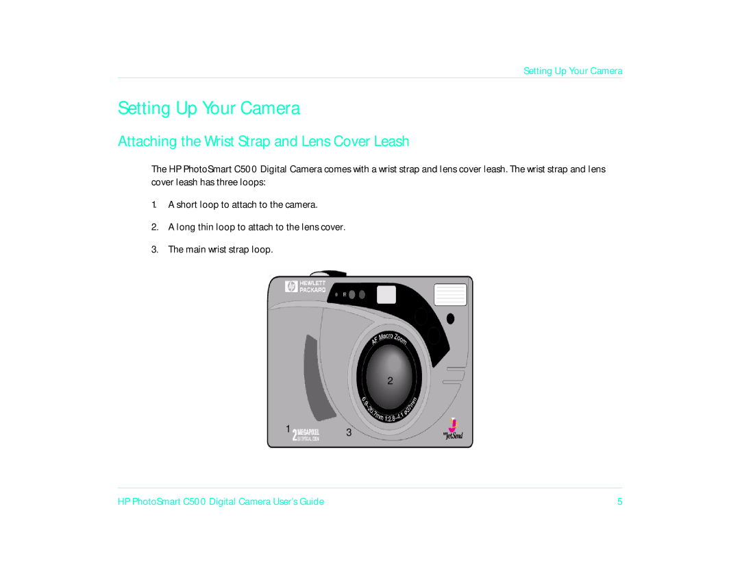 HP c500/c500xi manual Setting Up Your Camera, Attaching the Wrist Strap and Lens Cover Leash 