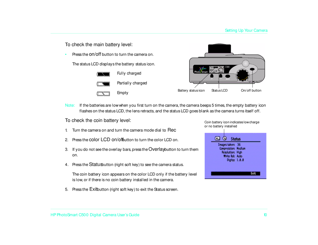 HP c500/c500xi manual To check the main battery level, To check the coin battery level 