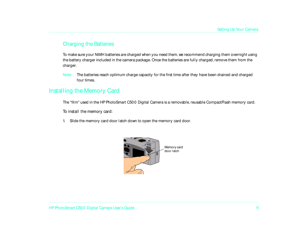 HP c500/c500xi manual Installing the Memory Card, Charging the Batteries, To install the memory card 