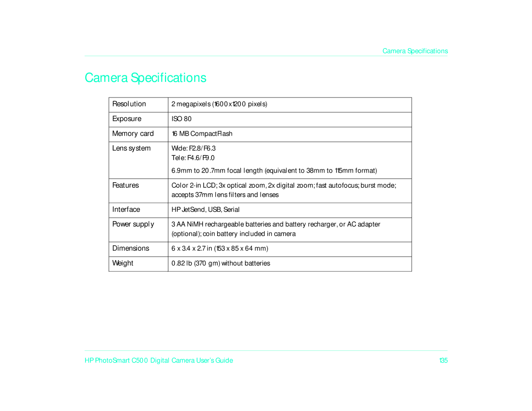 HP c500/c500xi manual Camera Specifications 