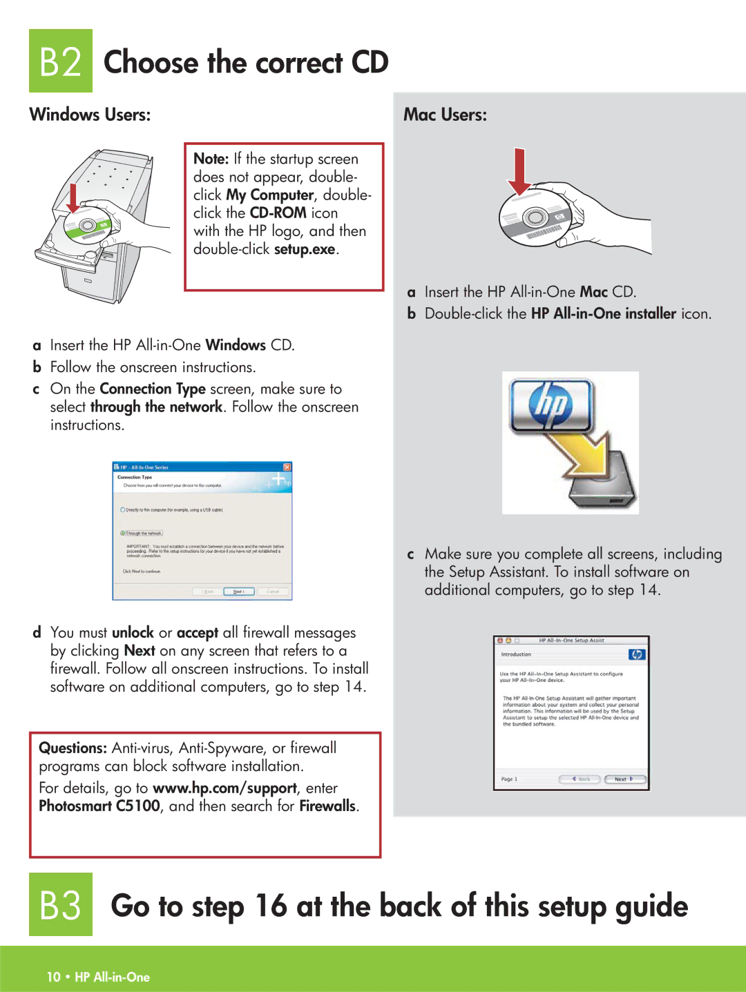 HP C5180, C5140, C5150 manual B2 Choose the correct CD, B3 Go to at the back of this setup guide 