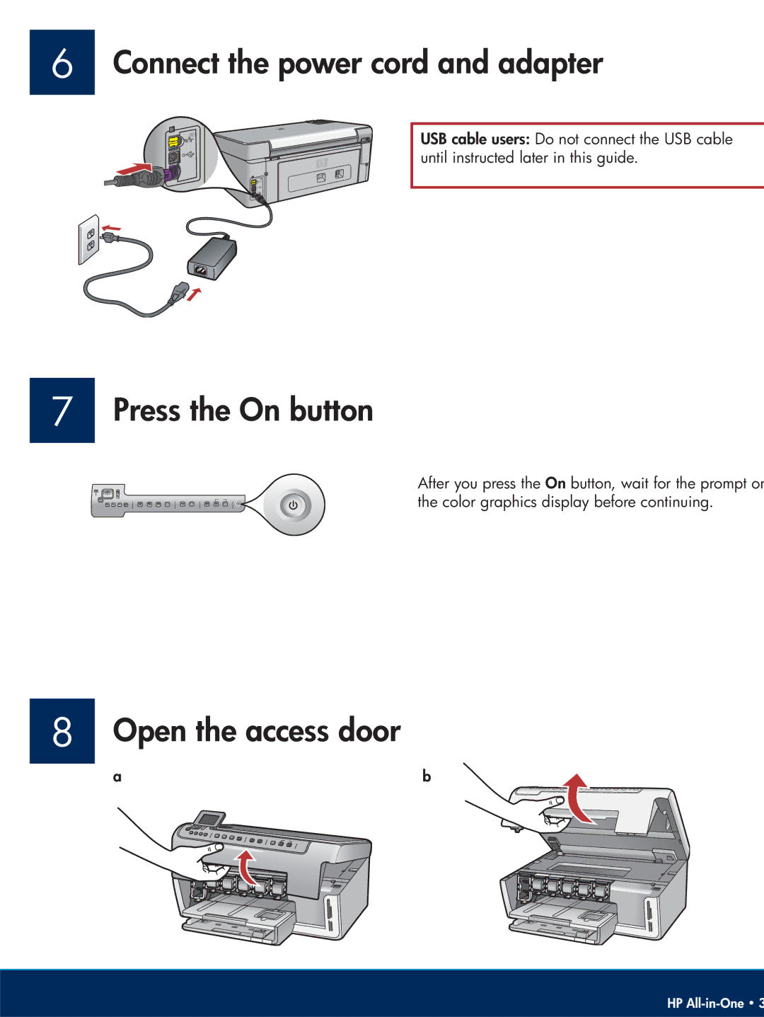 HP C5140, C5180, C5150 manual Connect the power cord and adapter, Press the On button, Open the access door 