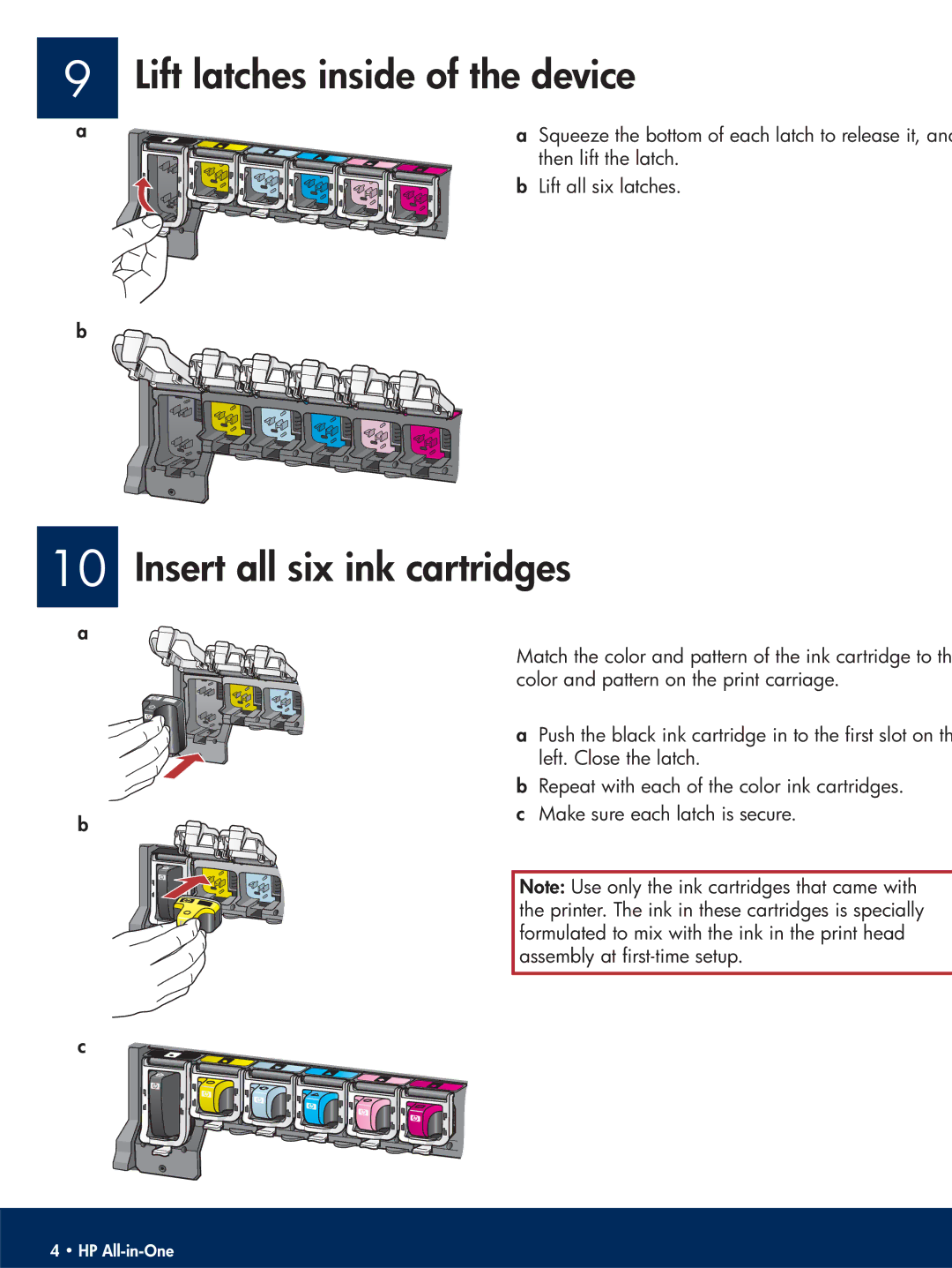 HP C5180, C5140, C5150 manual Lift latches inside of the device, Insert all six ink cartridges 