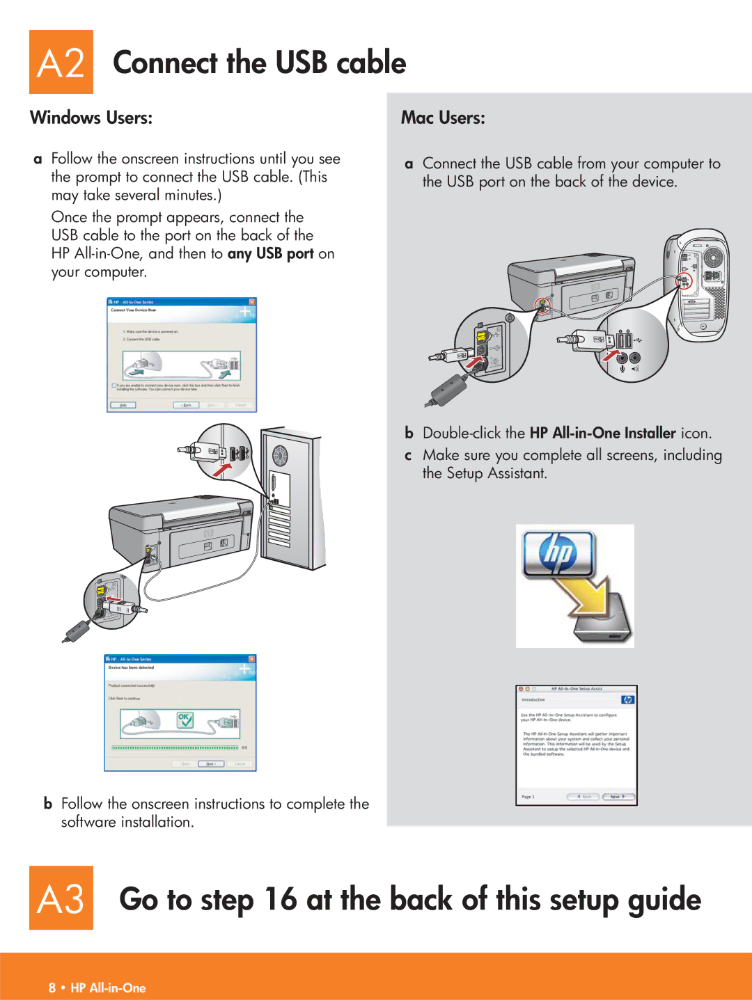 HP C5150, C5140, C5180 manual A2 Connect the USB cable, A3 Go to at the back of this setup guide 