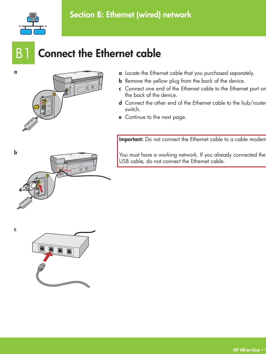 HP C5140, C5180, C5150 manual B1 Connect the Ethernet cable 