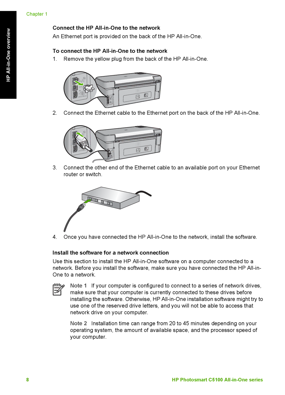 HP C5150, C5140, C5180 manual Connect the HP All-in-One to the network, To connect the HP All-in-One to the network 