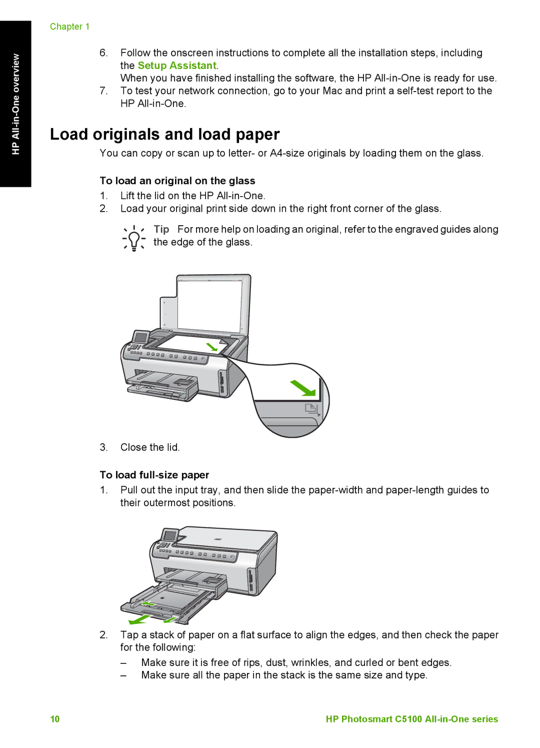 HP C5180, C5140, C5150 manual Load originals and load paper, To load an original on the glass, To load full-size paper 