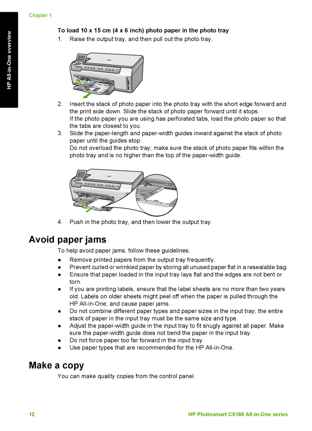 HP C5140, C5180, C5150 manual Avoid paper jams, Make a copy, To load 10 x 15 cm 4 x 6 inch photo paper in the photo tray 