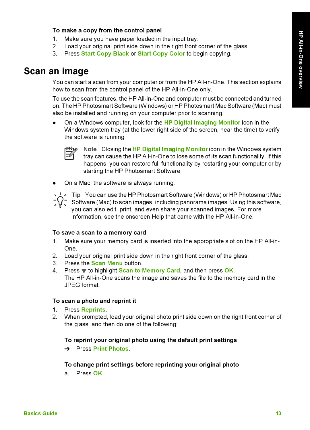 HP C5180, C5140, C5150 manual Scan an image, To make a copy from the control panel, To save a scan to a memory card 