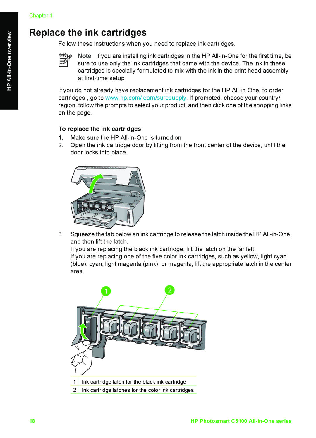 HP C5140, C5180, C5150 manual Replace the ink cartridges, To replace the ink cartridges 