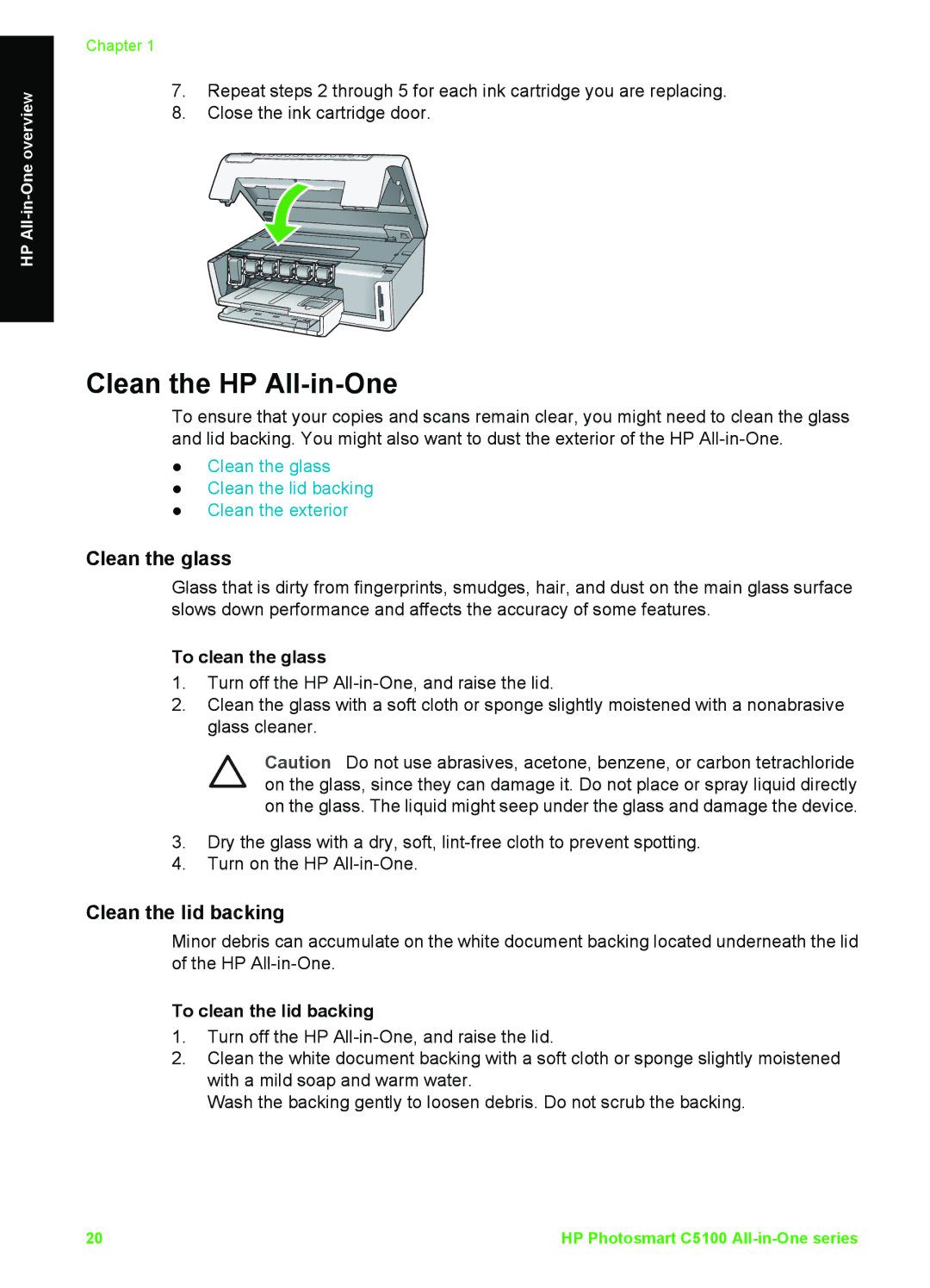 HP C5150, C5140, C5180 manual Clean the HP All-in-One, To clean the glass, To clean the lid backing 