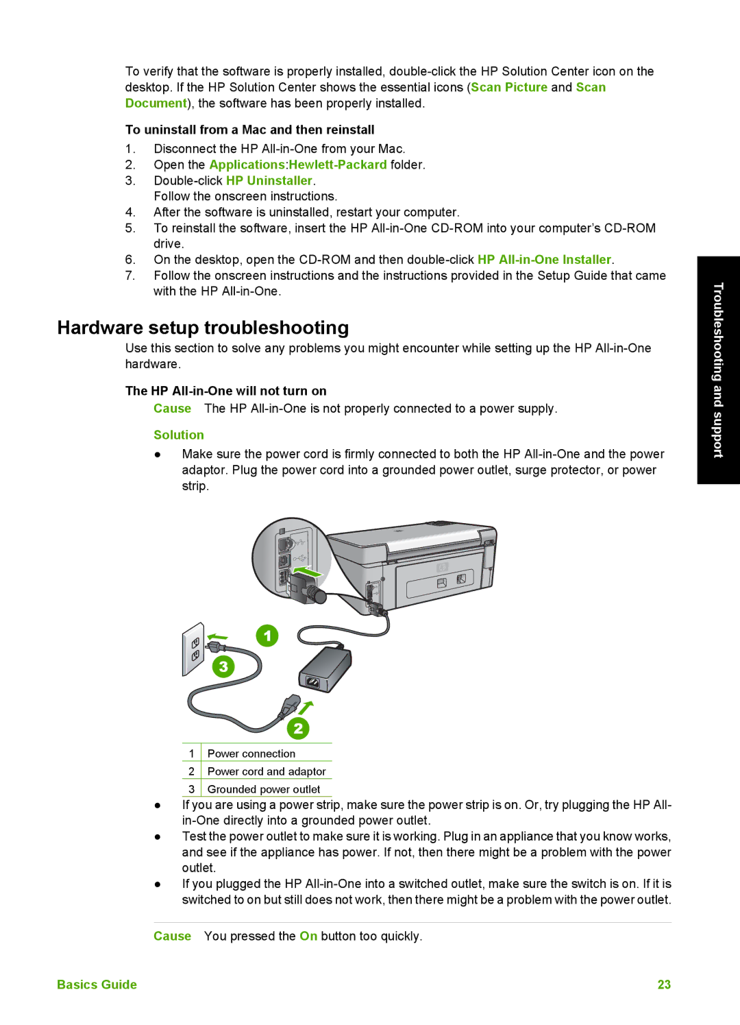 HP C5150, C5140 Hardware setup troubleshooting, To uninstall from a Mac and then reinstall, HP All-in-One will not turn on 