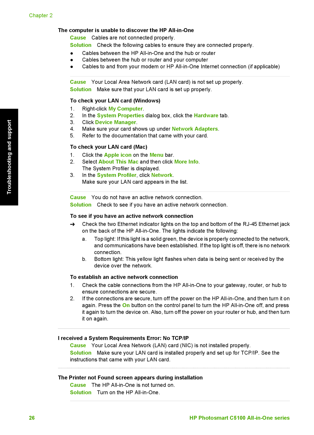 HP C5150 Computer is unable to discover the HP All-in-One, To check your LAN card Windows, To check your LAN card Mac 