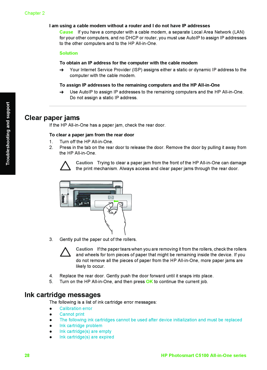 HP C5180, C5140, C5150 manual Clear paper jams, Ink cartridge messages, To clear a paper jam from the rear door 