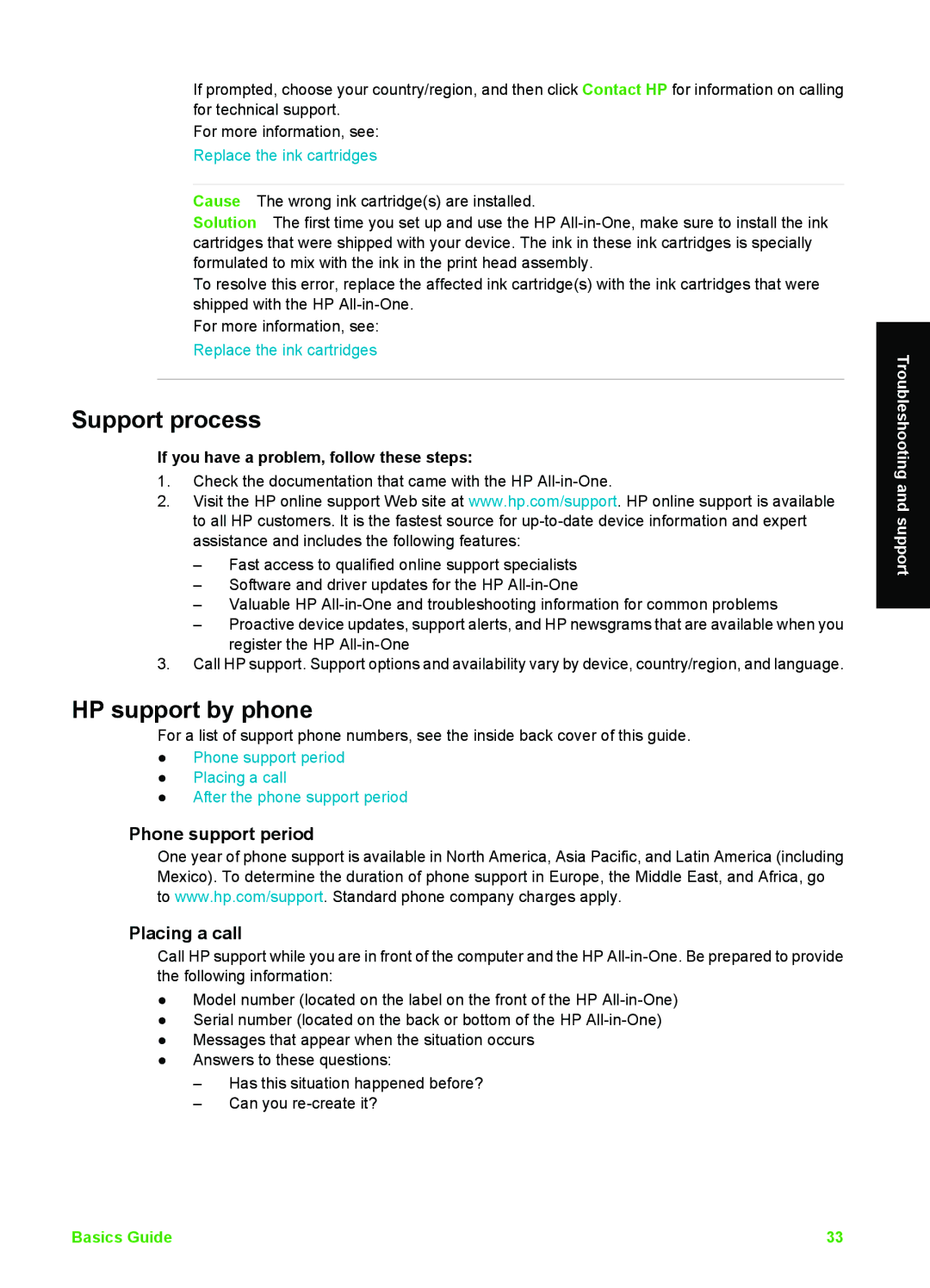 HP C5140, C5180, C5150 manual Support process, HP support by phone, Phone support period Placing a call 