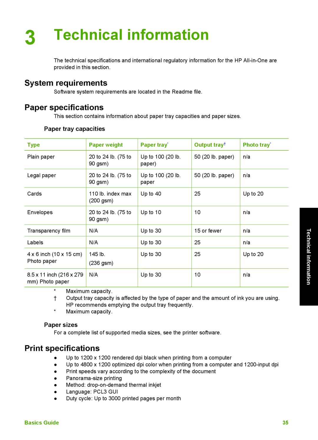 HP C5150, C5140, C5180 System requirements, Paper specifications, Print specifications, Paper tray capacities, Paper sizes 