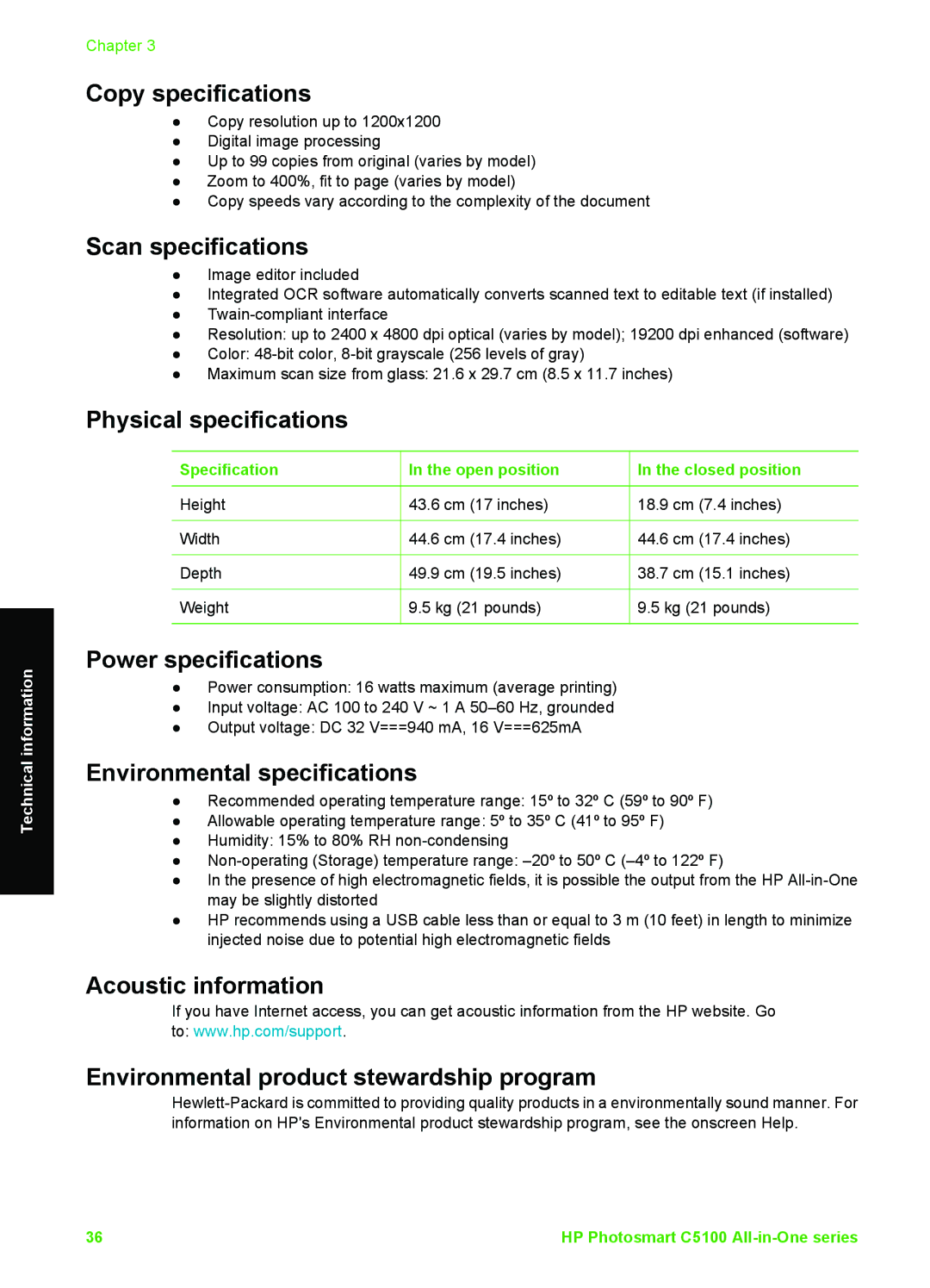 HP C5140, C5180, C5150 manual Copy specifications, Scan specifications, Physical specifications, Power specifications 