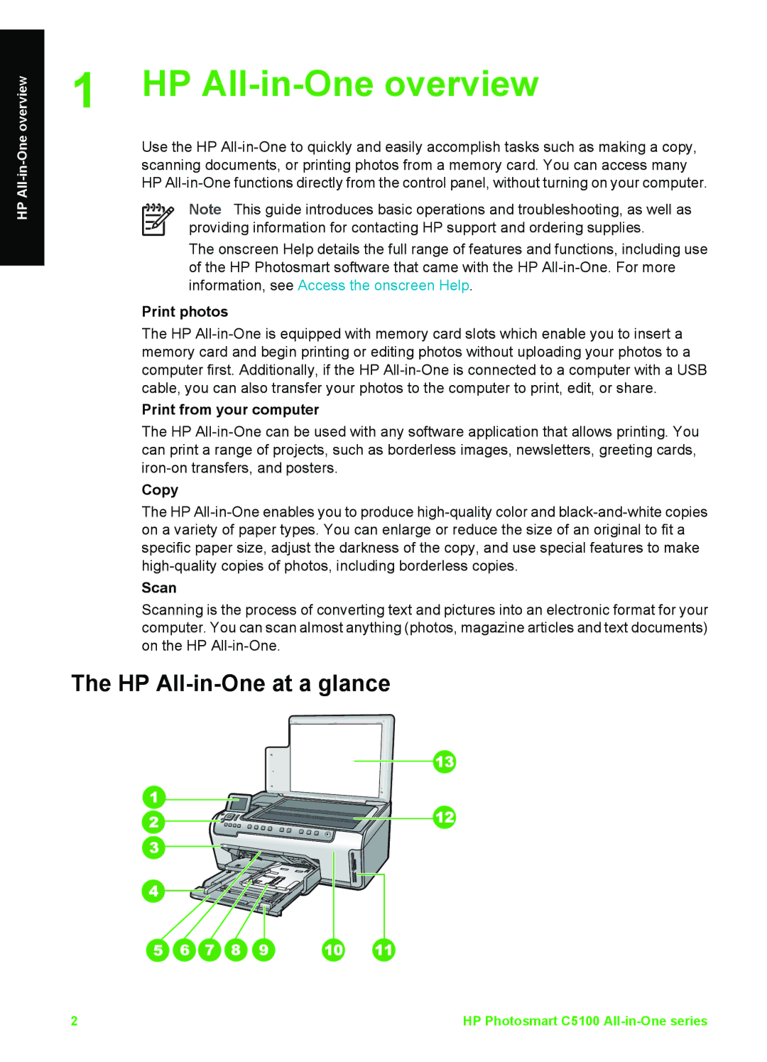 HP C5150, C5140, C5180 manual HP All-in-One at a glance, Print photos, Print from your computer, Copy, Scan 