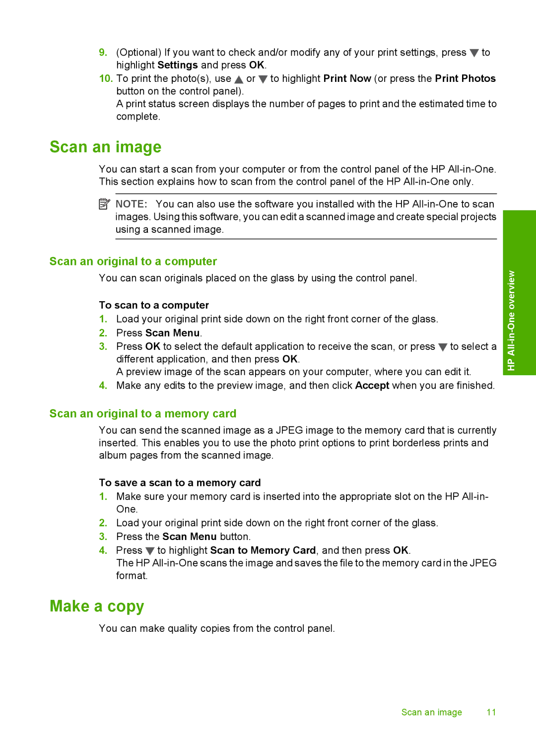 HP C5240, C5280, C5250 Scan an image, Make a copy, To scan to a computer, Press Scan Menu, To save a scan to a memory card 