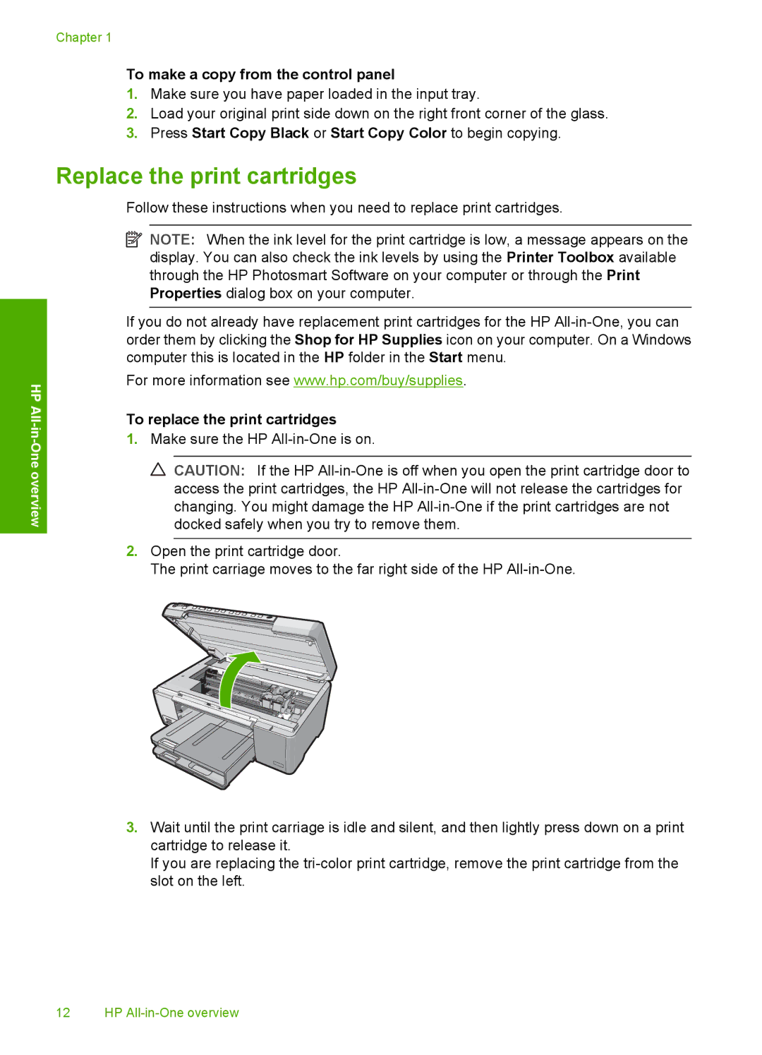 HP C5250, C5280, C5240 Replace the print cartridges, To make a copy from the control panel, To replace the print cartridges 