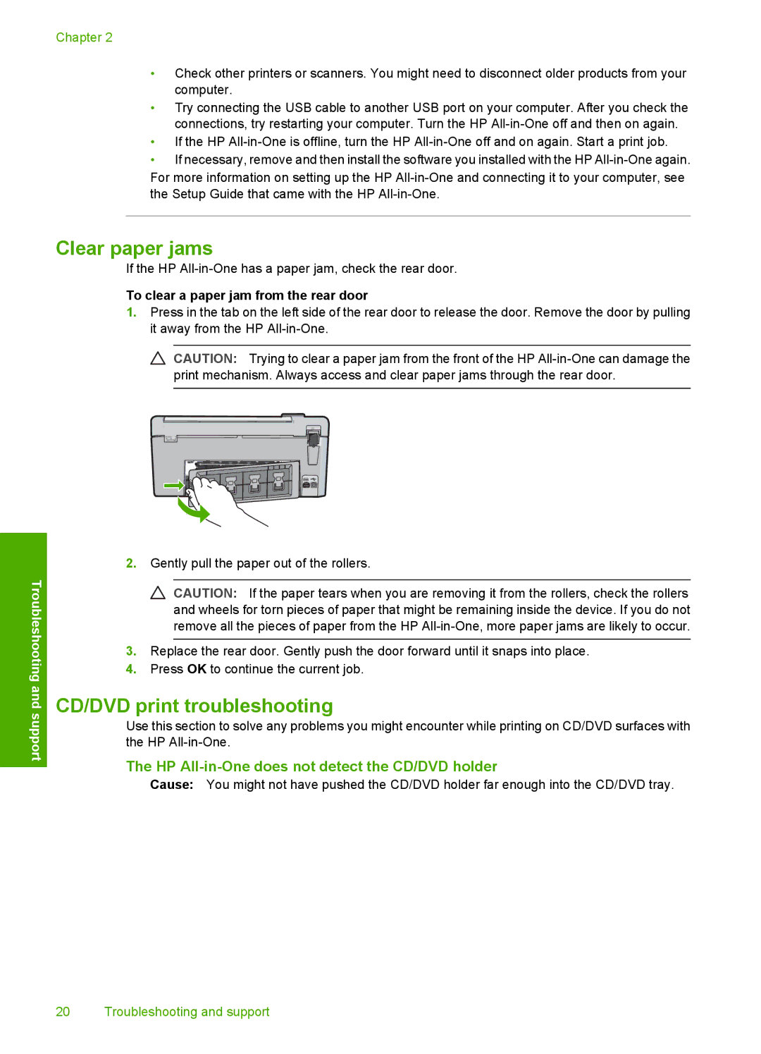 HP C5240, C5280, C5250 manual Clear paper jams, CD/DVD print troubleshooting, HP All-in-One does not detect the CD/DVD holder 