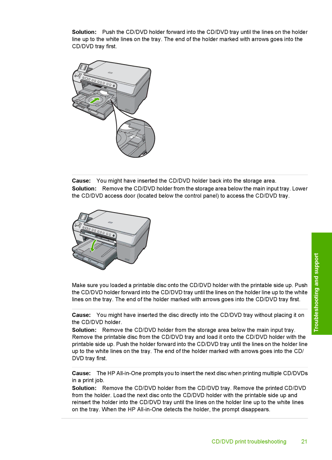 HP C5250, C5280, C5240 manual CD/DVD print troubleshooting 