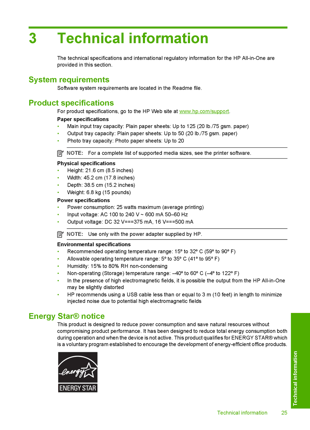 HP C5280, C5240, C5250 manual System requirements, Product specifications, Energy Star notice 