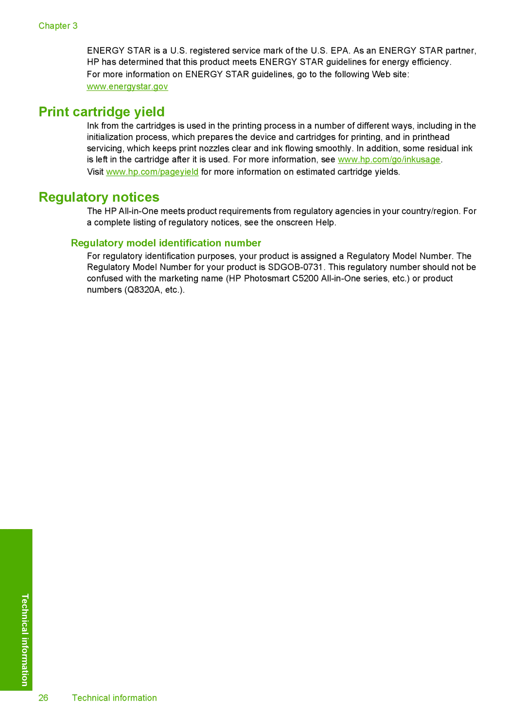 HP C5240, C5280, C5250 manual Print cartridge yield Regulatory notices, Regulatory model identification number 