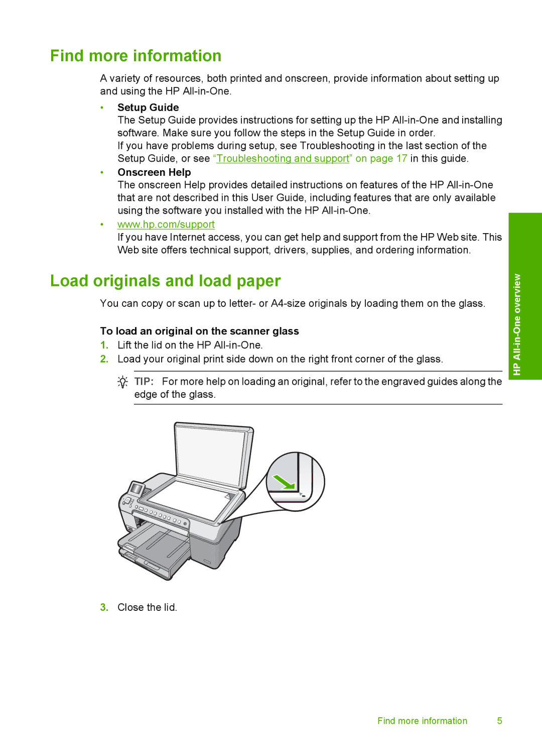 HP C5240, C5280, C5250 manual Find more information, Load originals and load paper, Setup Guide, Onscreen Help 