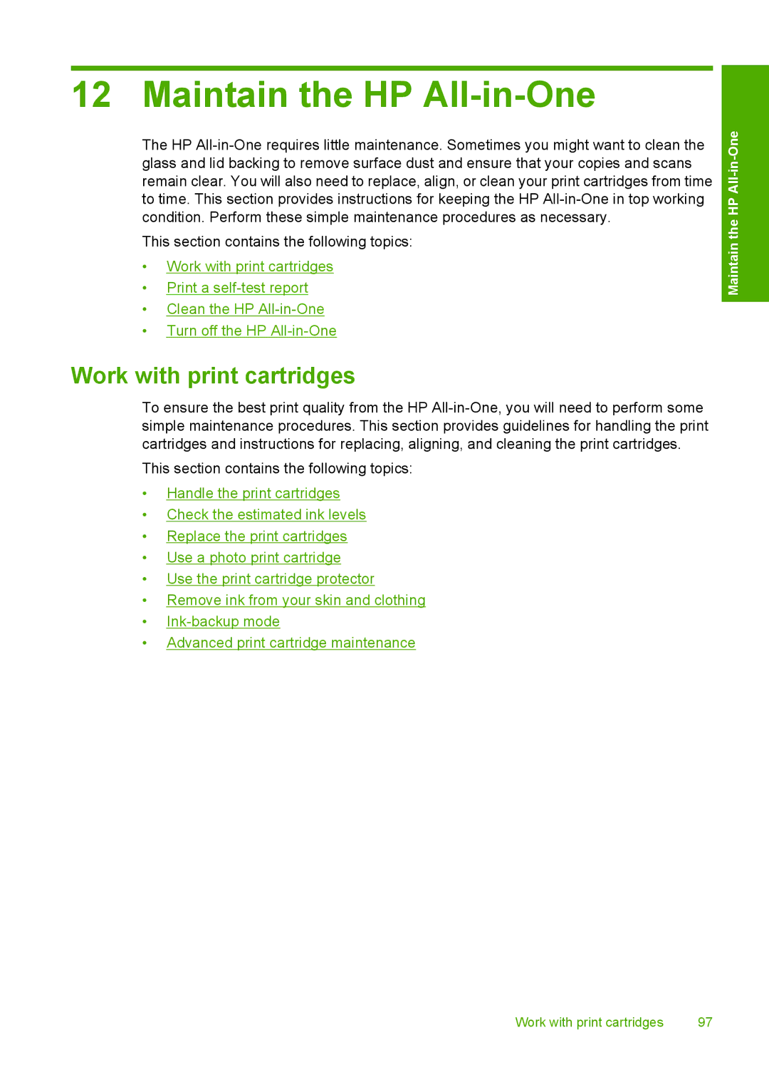 HP C5500 manual Maintain the HP All-in-One, Work with print cartridges 