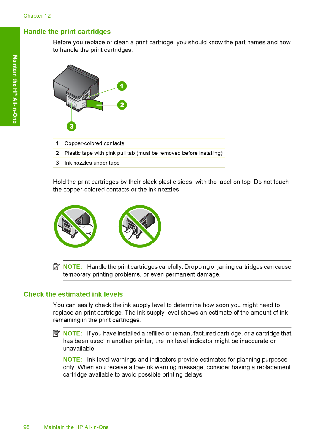 HP C5500 manual Handle the print cartridges, Check the estimated ink levels 