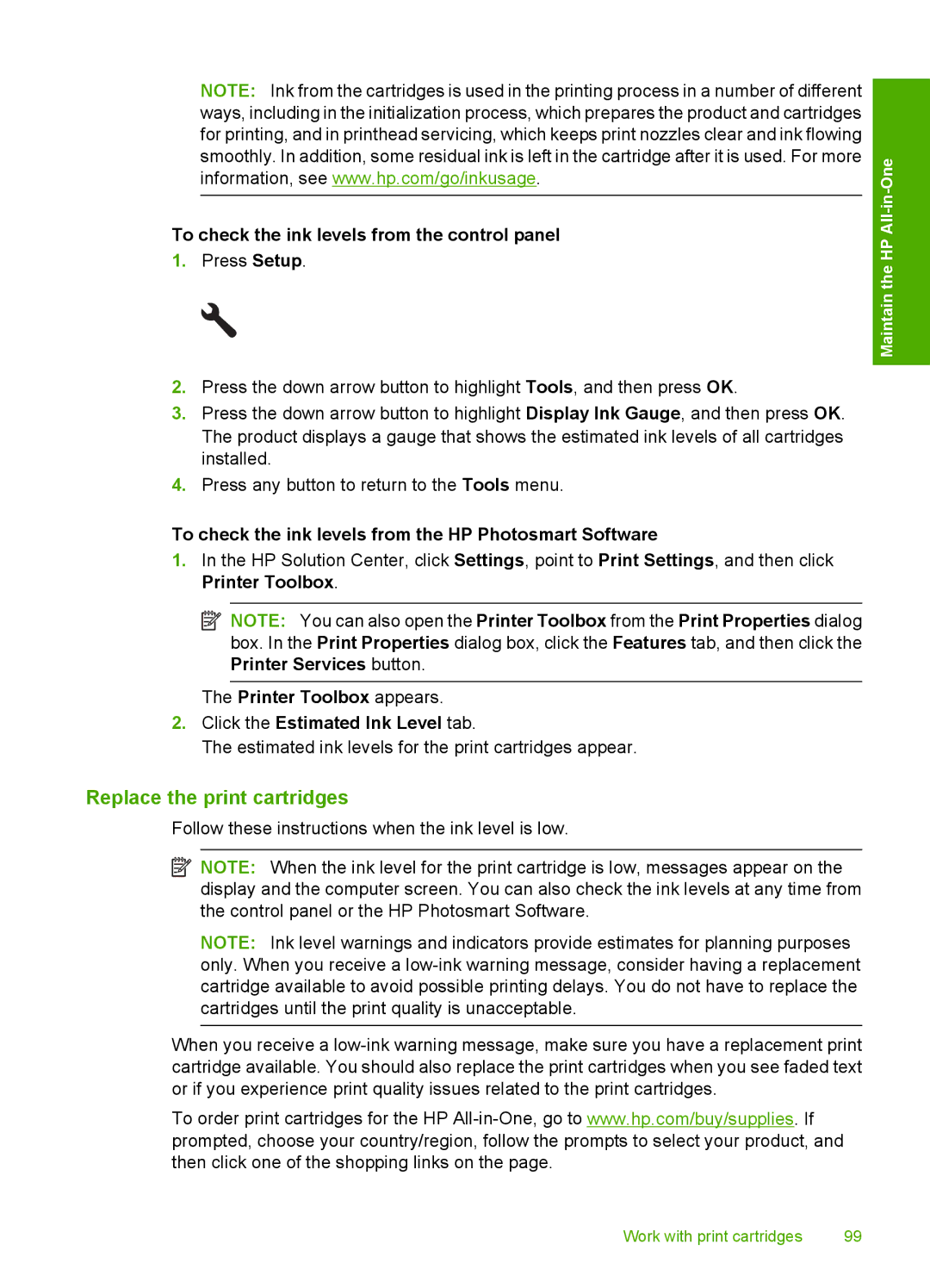 HP C5500 manual Replace the print cartridges, To check the ink levels from the control panel 