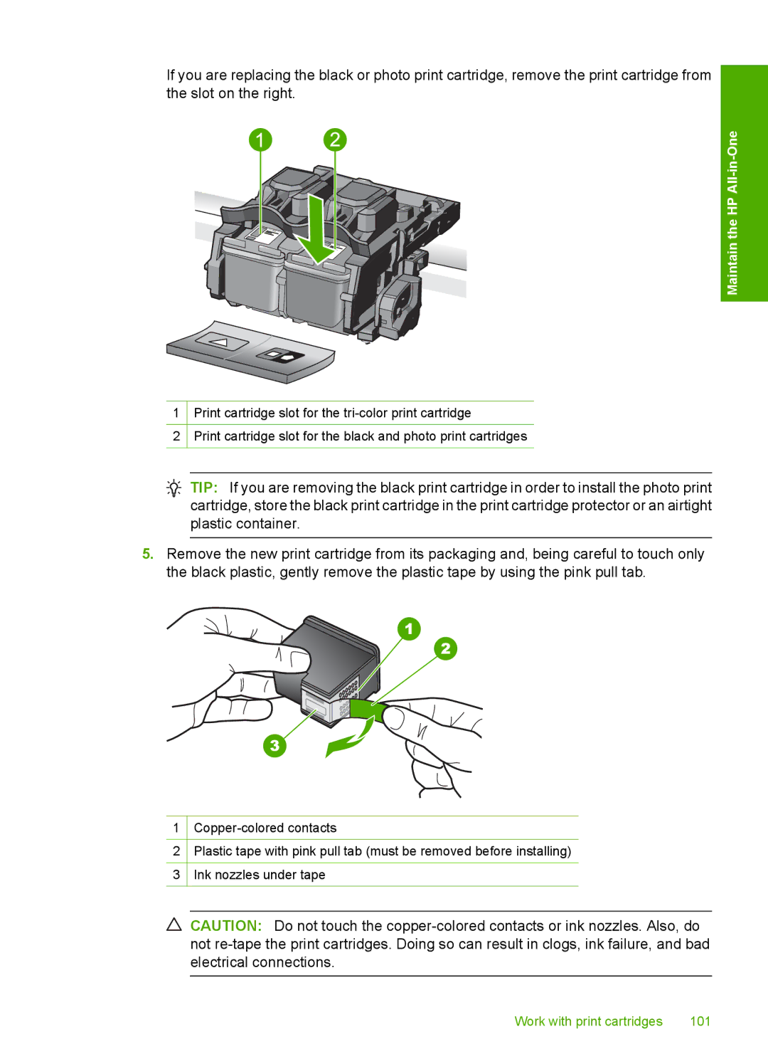 HP C5500 manual Work with print cartridges 101 