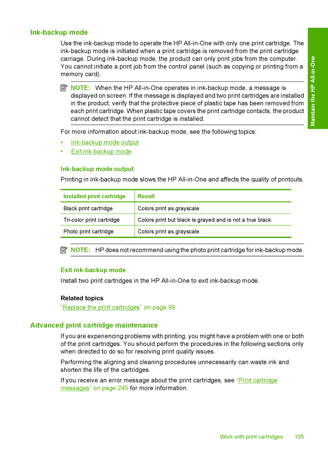 HP C5500 manual Advanced print cartridge maintenance, Ink-backup mode output, Exit ink-backup mode 