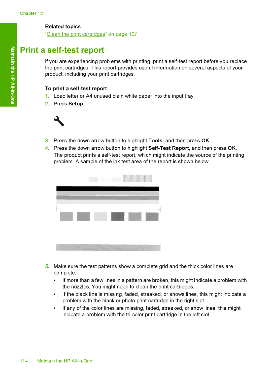 HP C5500 manual Print a self-test report, To print a self-test report 