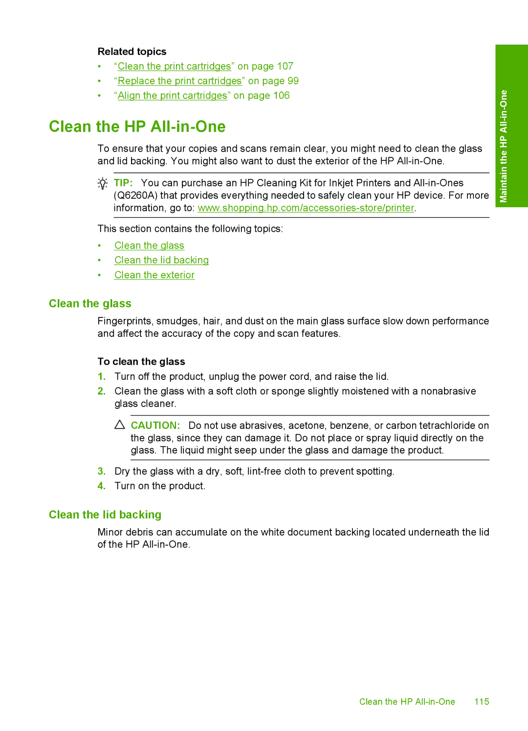 HP C5500 manual Clean the HP All-in-One, Clean the glass, Clean the lid backing, To clean the glass 