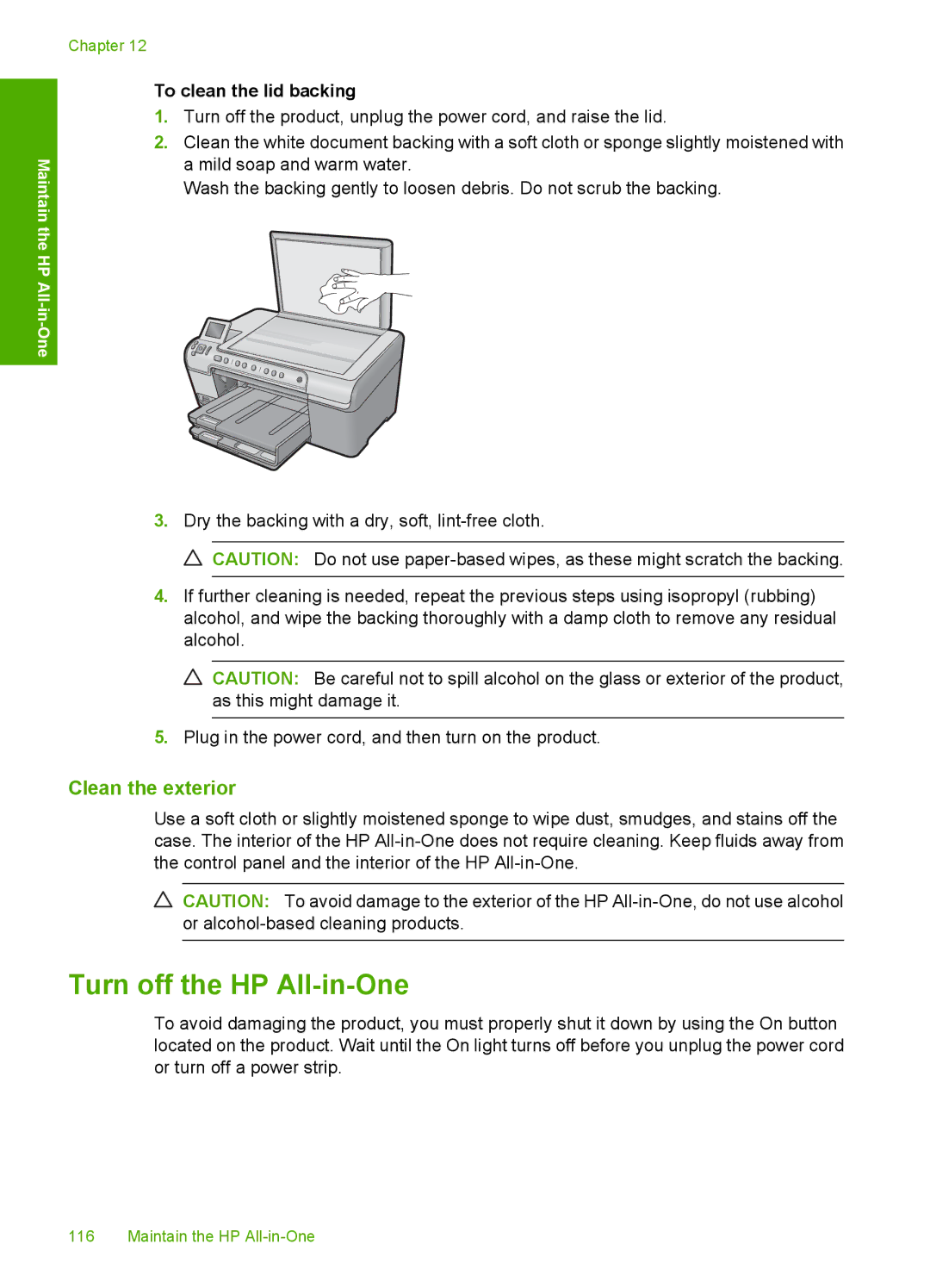 HP C5500 manual Turn off the HP All-in-One, Clean the exterior, To clean the lid backing 