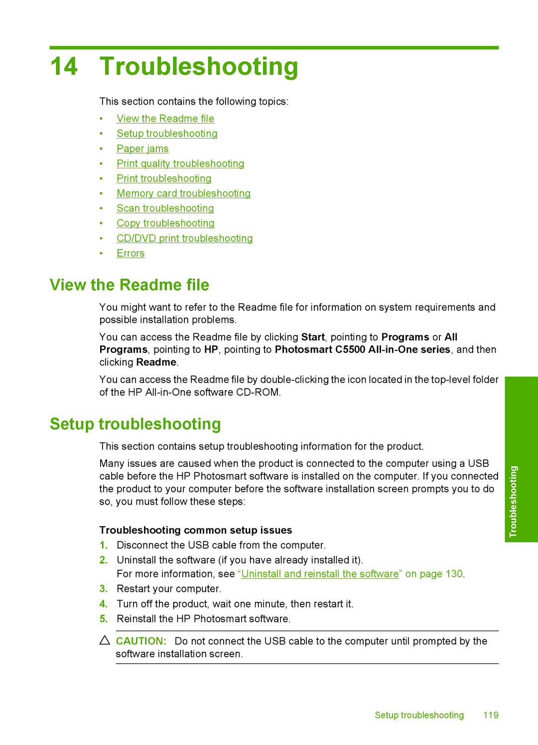 HP C5500 manual View the Readme file, Setup troubleshooting, Troubleshooting common setup issues 