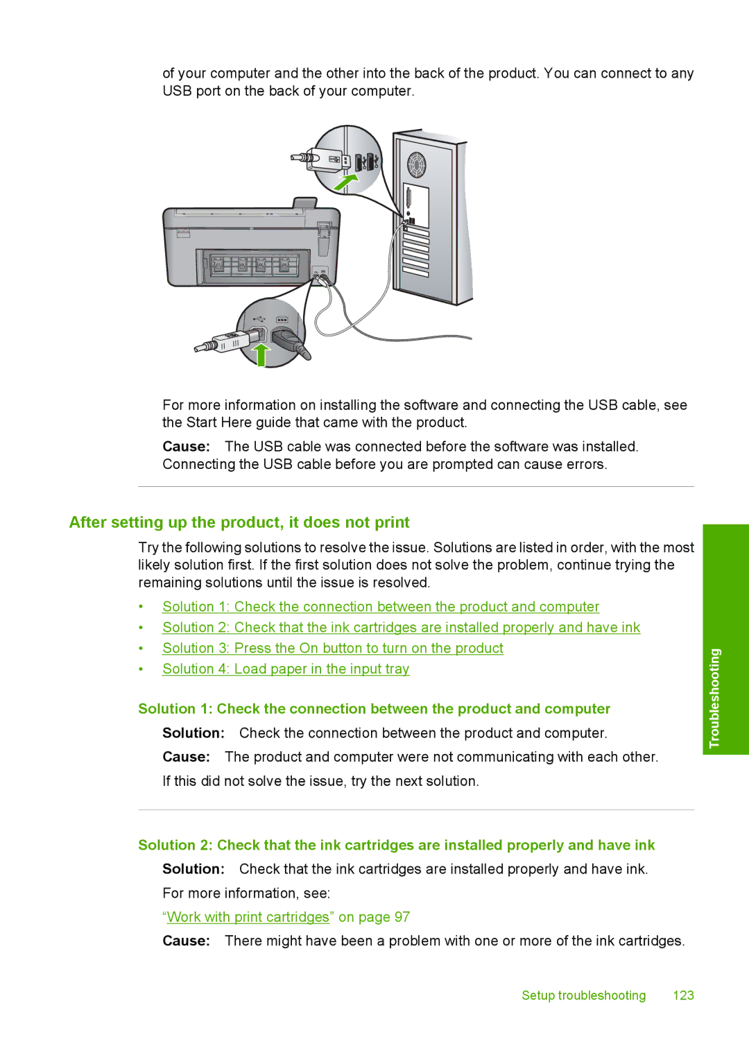 HP C5500 manual After setting up the product, it does not print, Work with print cartridges on 