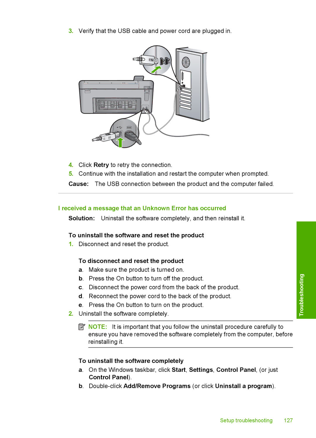 HP C5500 manual Received a message that an Unknown Error has occurred, To uninstall the software and reset the product 