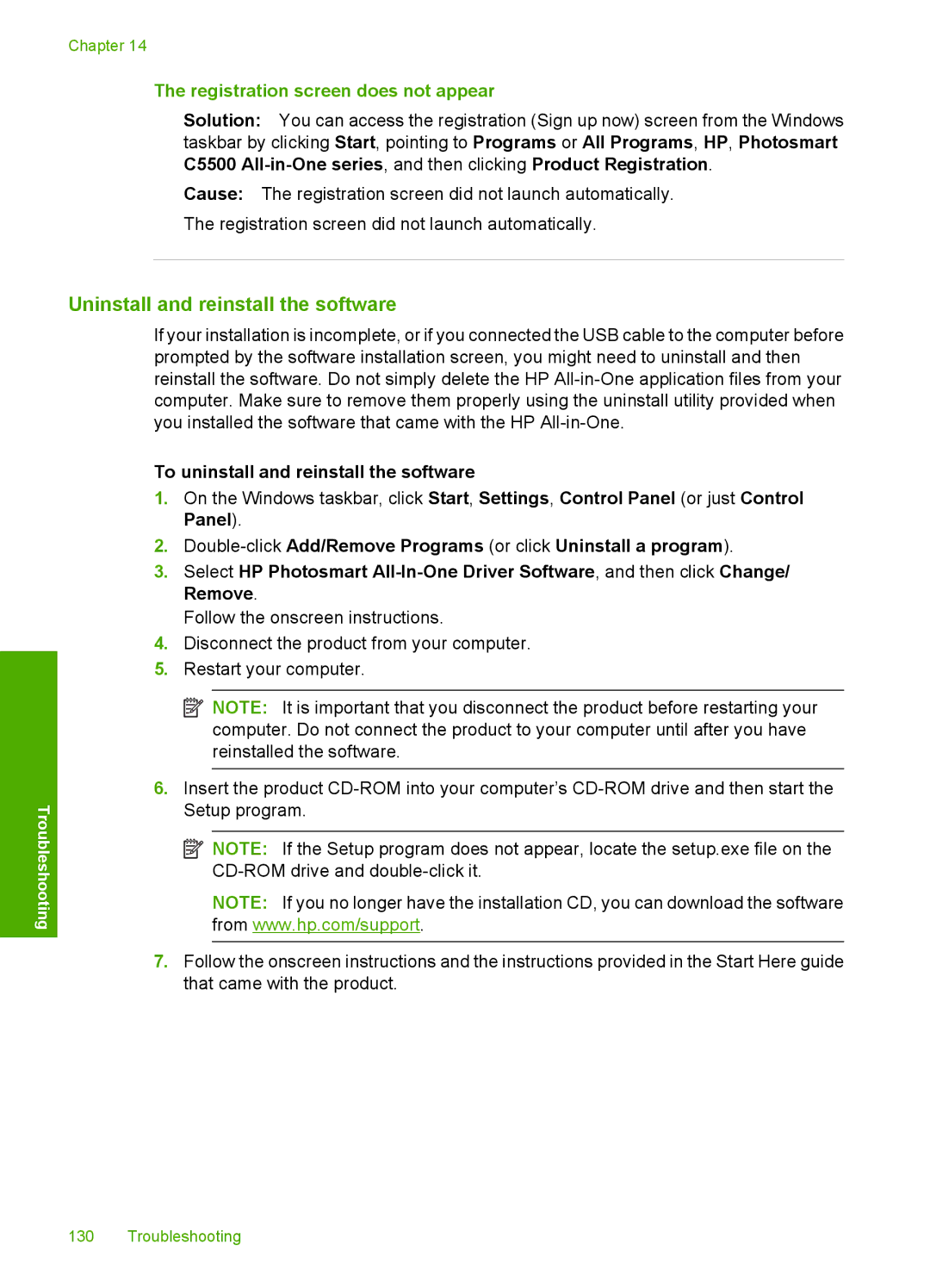 HP C5500 manual Uninstall and reinstall the software, Registration screen does not appear 