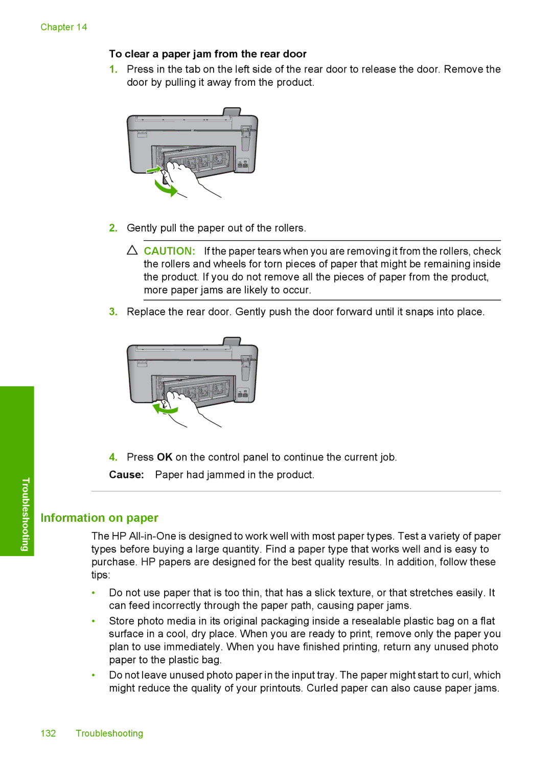 HP C5500 manual Information on paper, To clear a paper jam from the rear door 