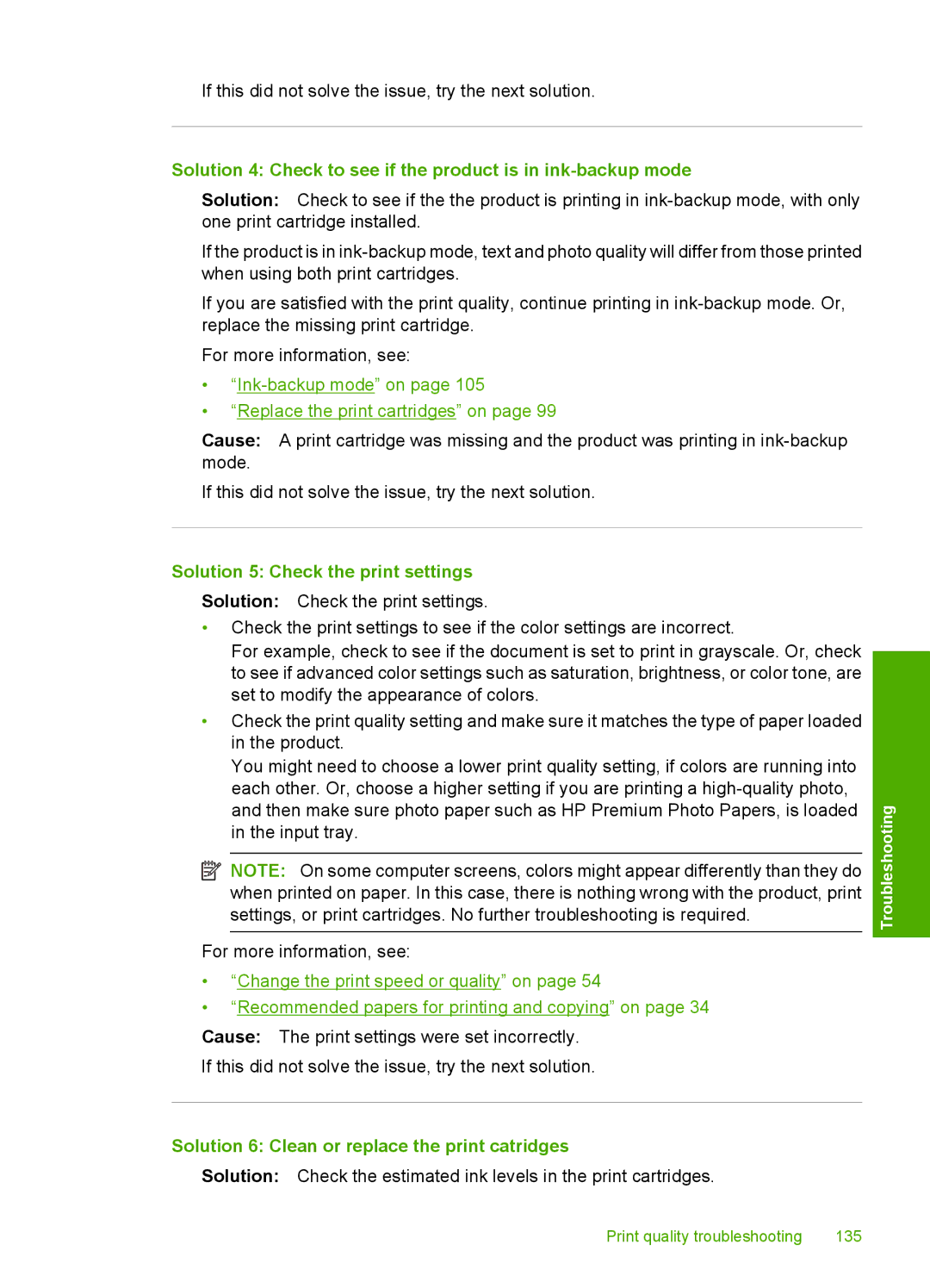 HP C5500 manual Solution 5 Check the print settings, Solution 6 Clean or replace the print catridges 