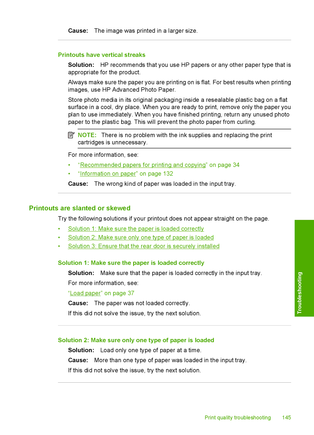 HP C5500 manual Printouts are slanted or skewed, Printouts have vertical streaks 