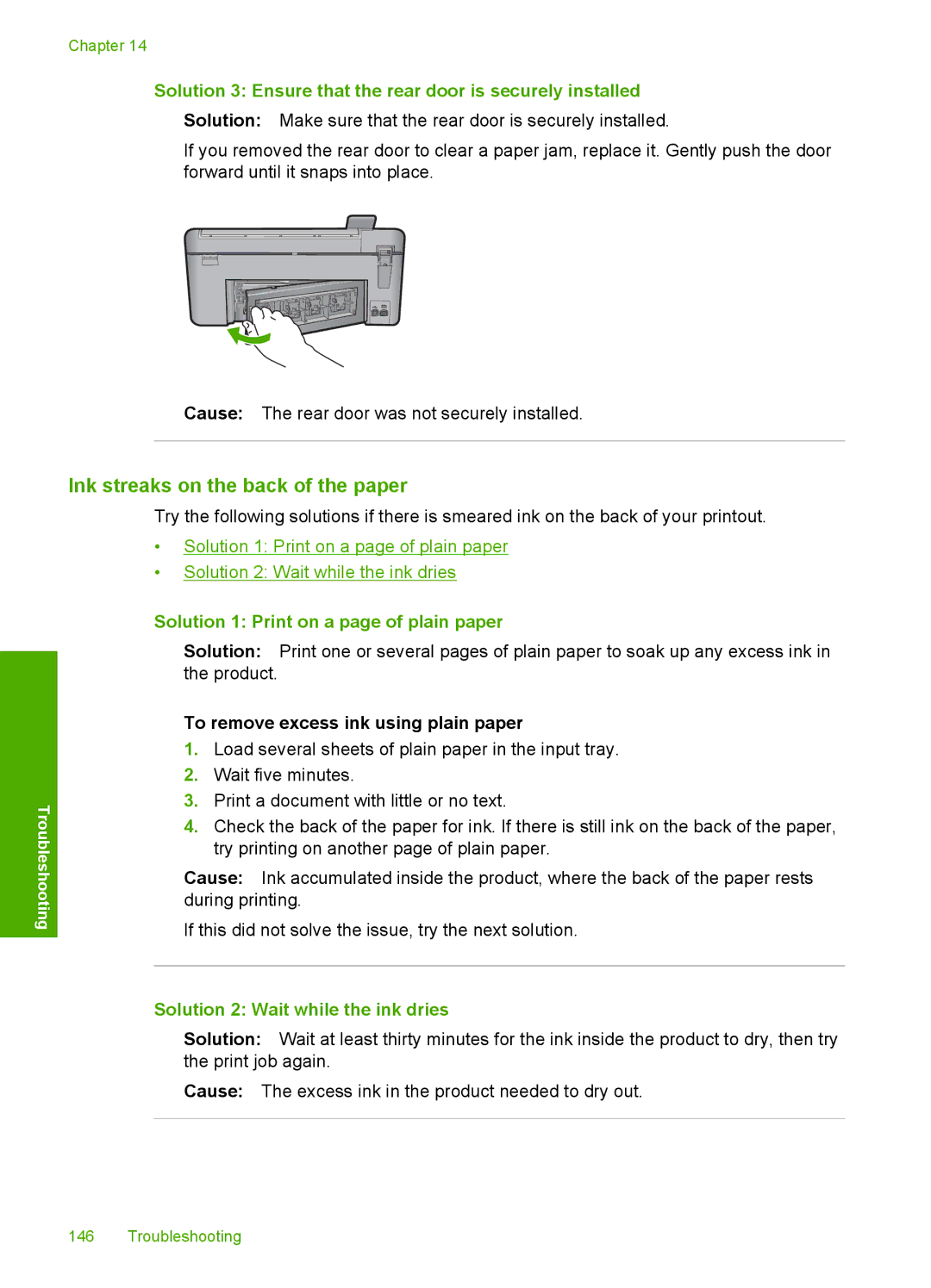 HP C5500 manual Ink streaks on the back of the paper, Solution 3 Ensure that the rear door is securely installed 