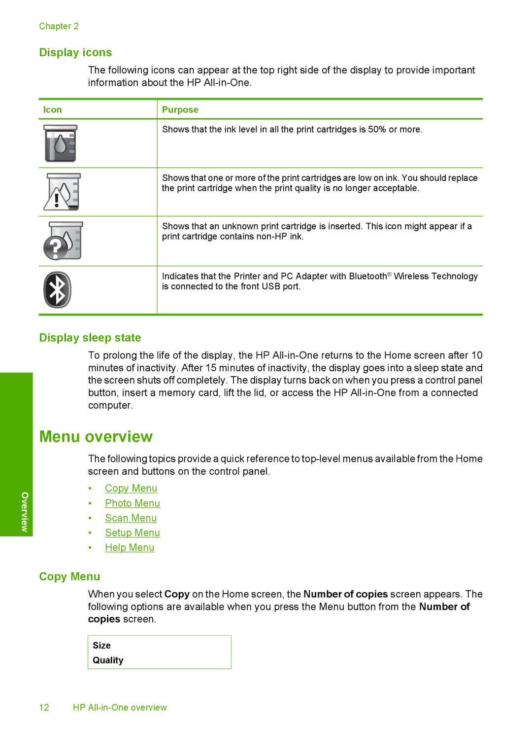 HP C5500 manual Menu overview, Display icons, Display sleep state, Copy Menu 