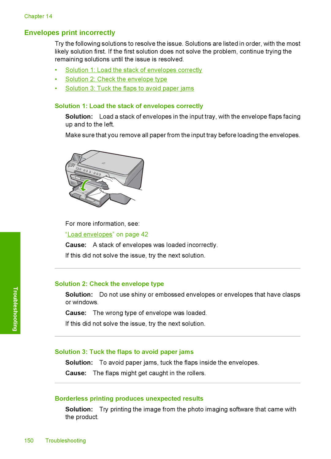 HP C5500 Envelopes print incorrectly, Solution 1 Load the stack of envelopes correctly, Solution 2 Check the envelope type 