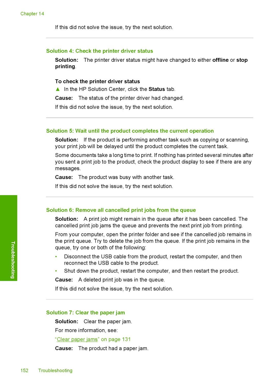 HP C5500 Solution 4 Check the printer driver status, To check the printer driver status, Solution 7 Clear the paper jam 