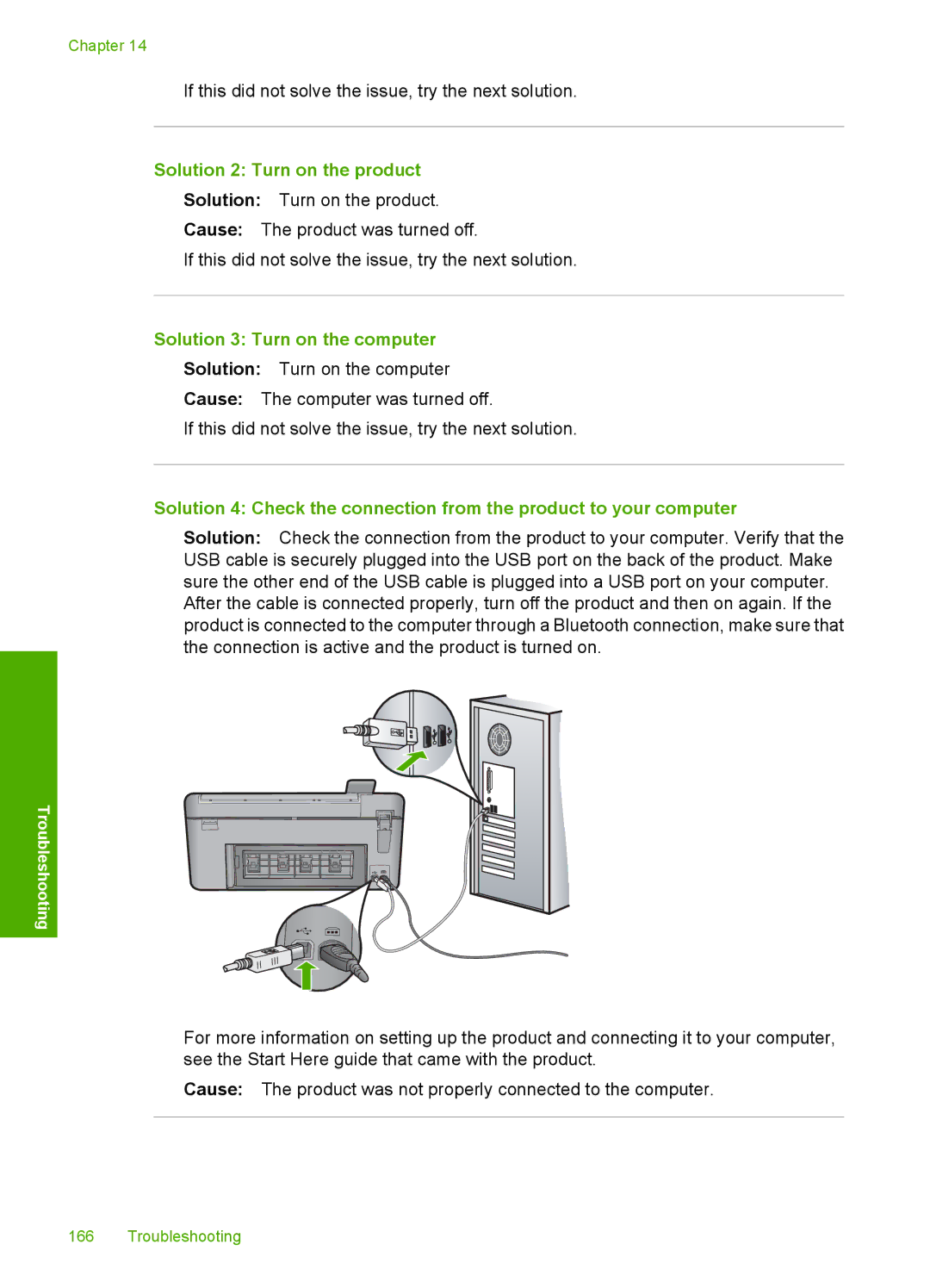 HP C5500 manual Solution 2 Turn on the product, Solution 3 Turn on the computer 