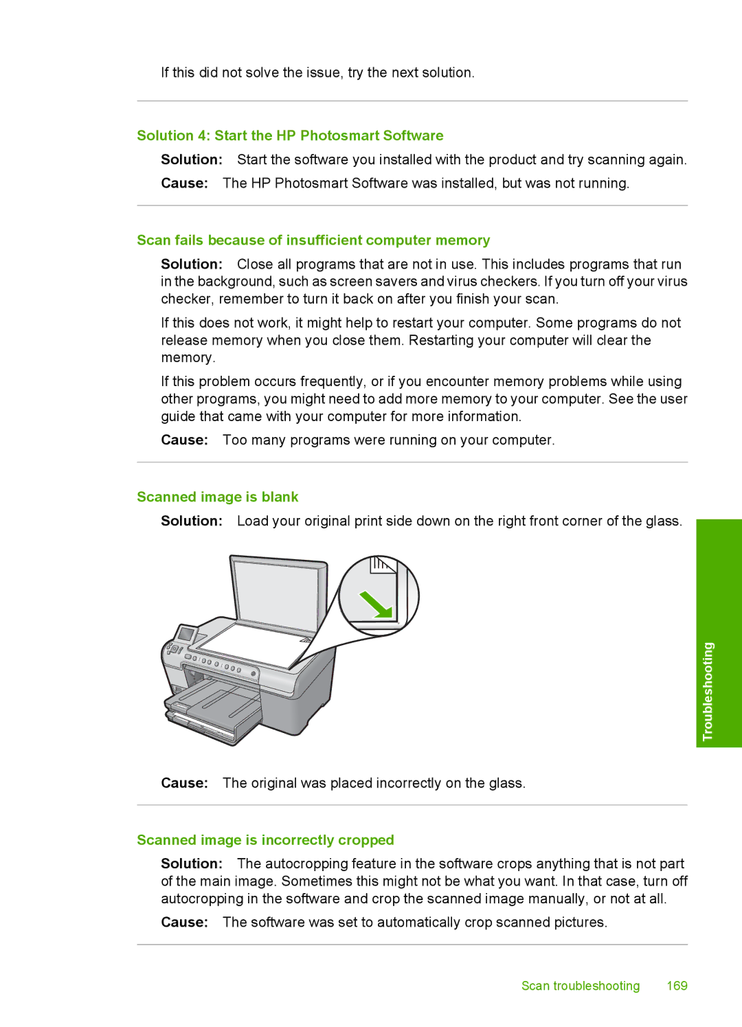 HP C5500 manual Solution 4 Start the HP Photosmart Software, Scan fails because of insufficient computer memory 